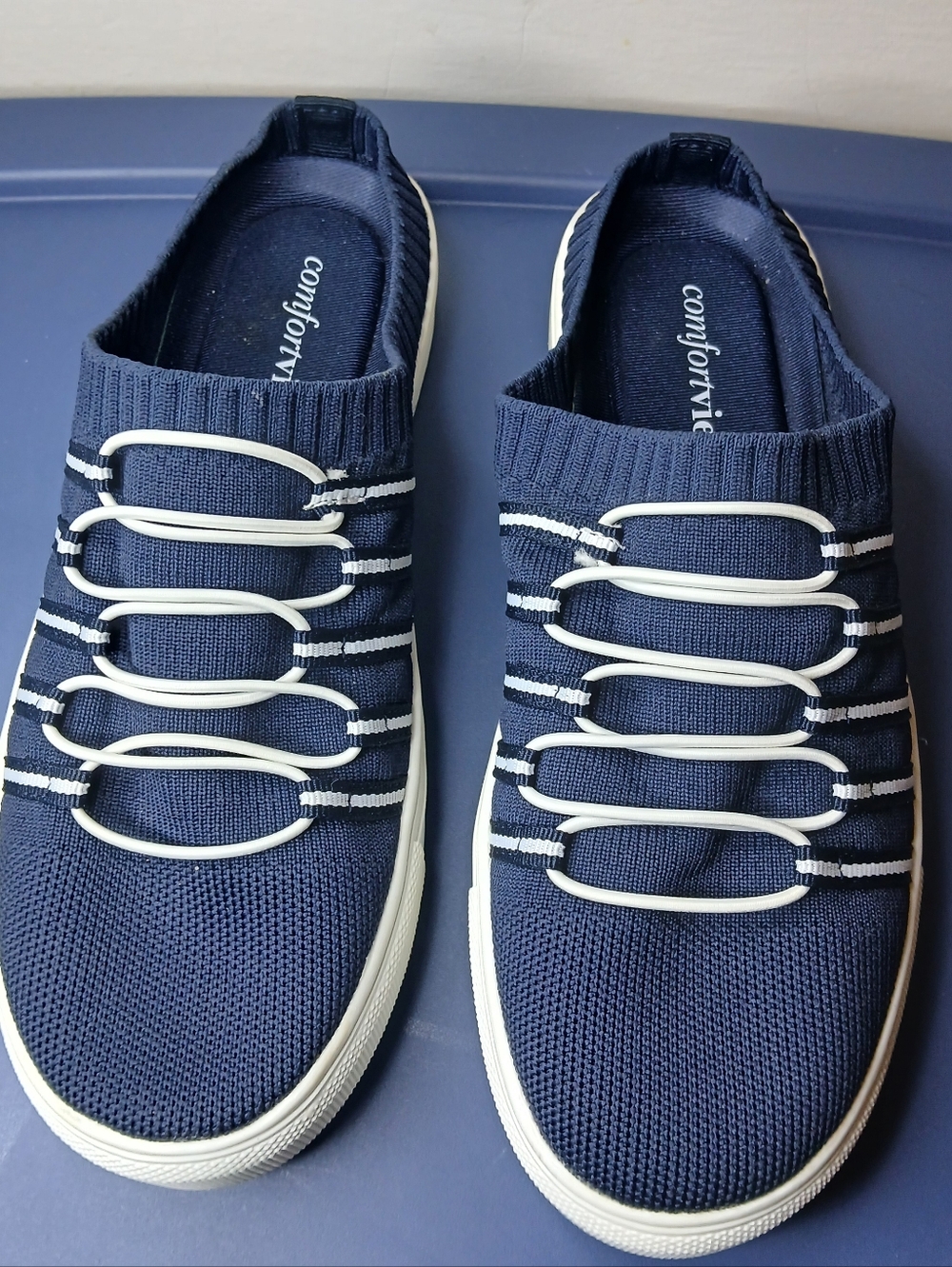 Comfortview Athletic Charlotte Slip On Sneakers Women 7.5 WW Wide Knit Mule Navy